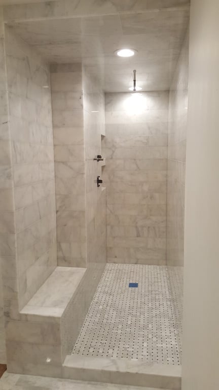 Marble Standup Shower with Bench and Pocket
